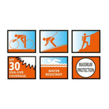 Waterbestendige zonnemelk pictogrammen voor fietsen, skiën en wandelen met SPF 30 bescherming
