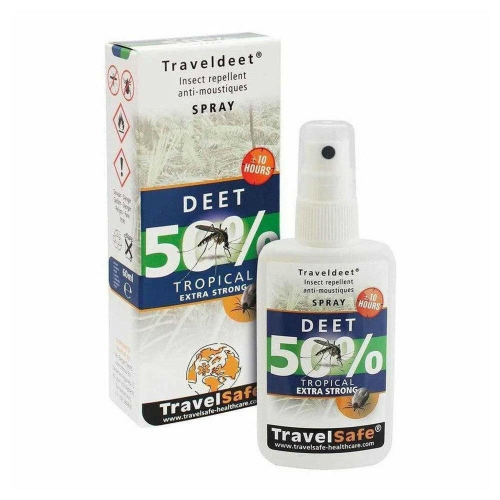 TravelSafe TravelDeet 60ml insectenspray met 50% DEET in verpakking voor tropische gebieden