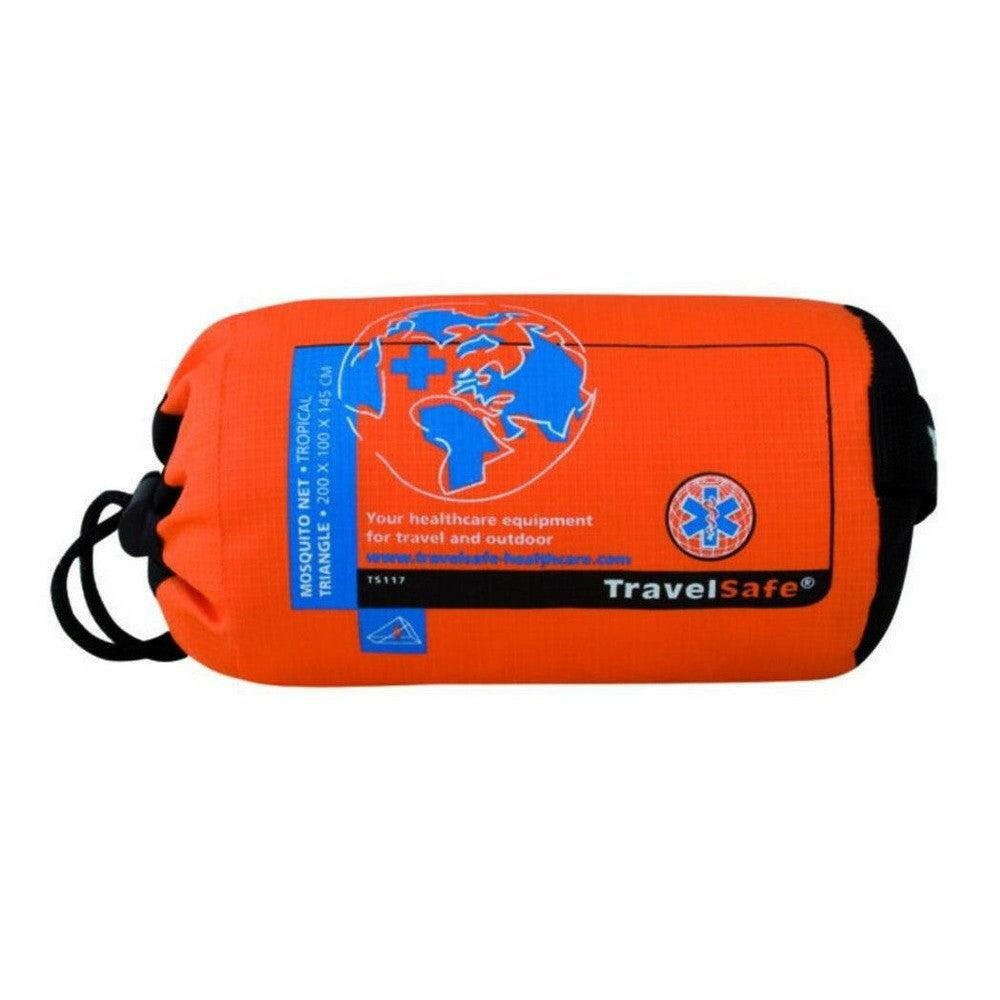TravelSafe oranje opbergzak voor tropisch driehoekig muggennet met afmetingen