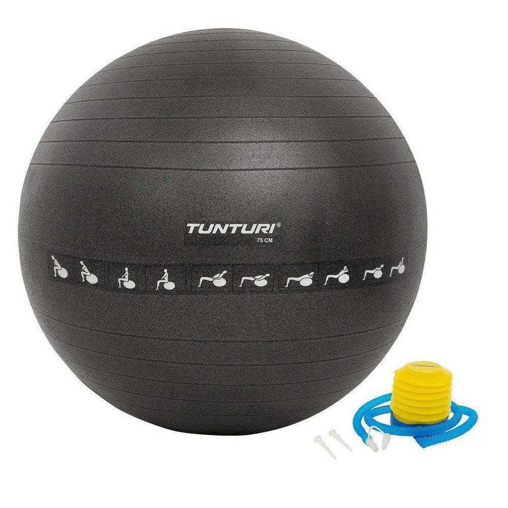 Tunturi 75 cm zwarte anti-burst fitnessbal met pomp