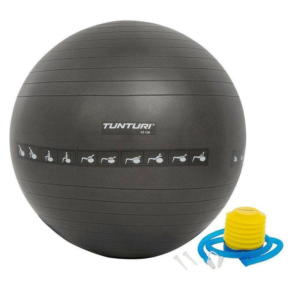 Tunturi 65 cm zwarte anti-burst fitnessbal met pomp
