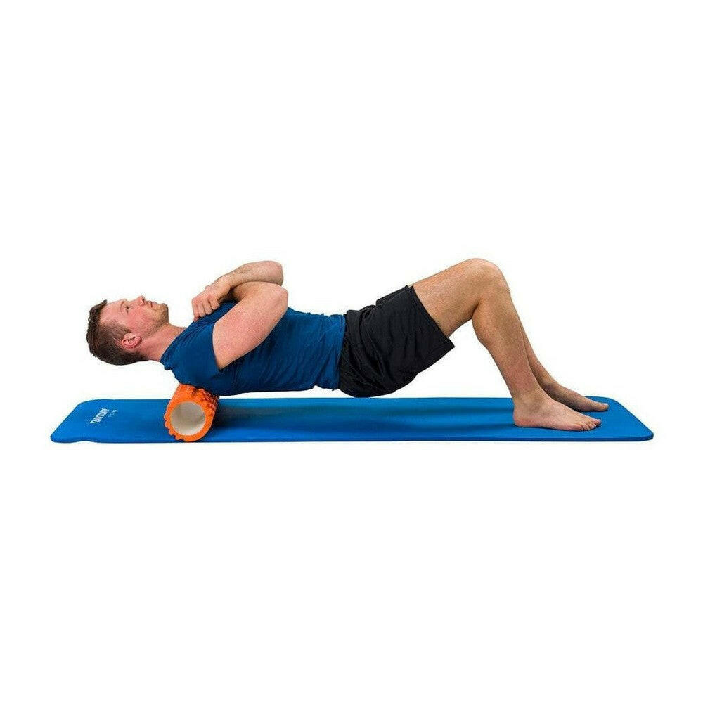 Blauwe Tunturi fitnessmat NBR met oranje foamroller voor spierontspanning
