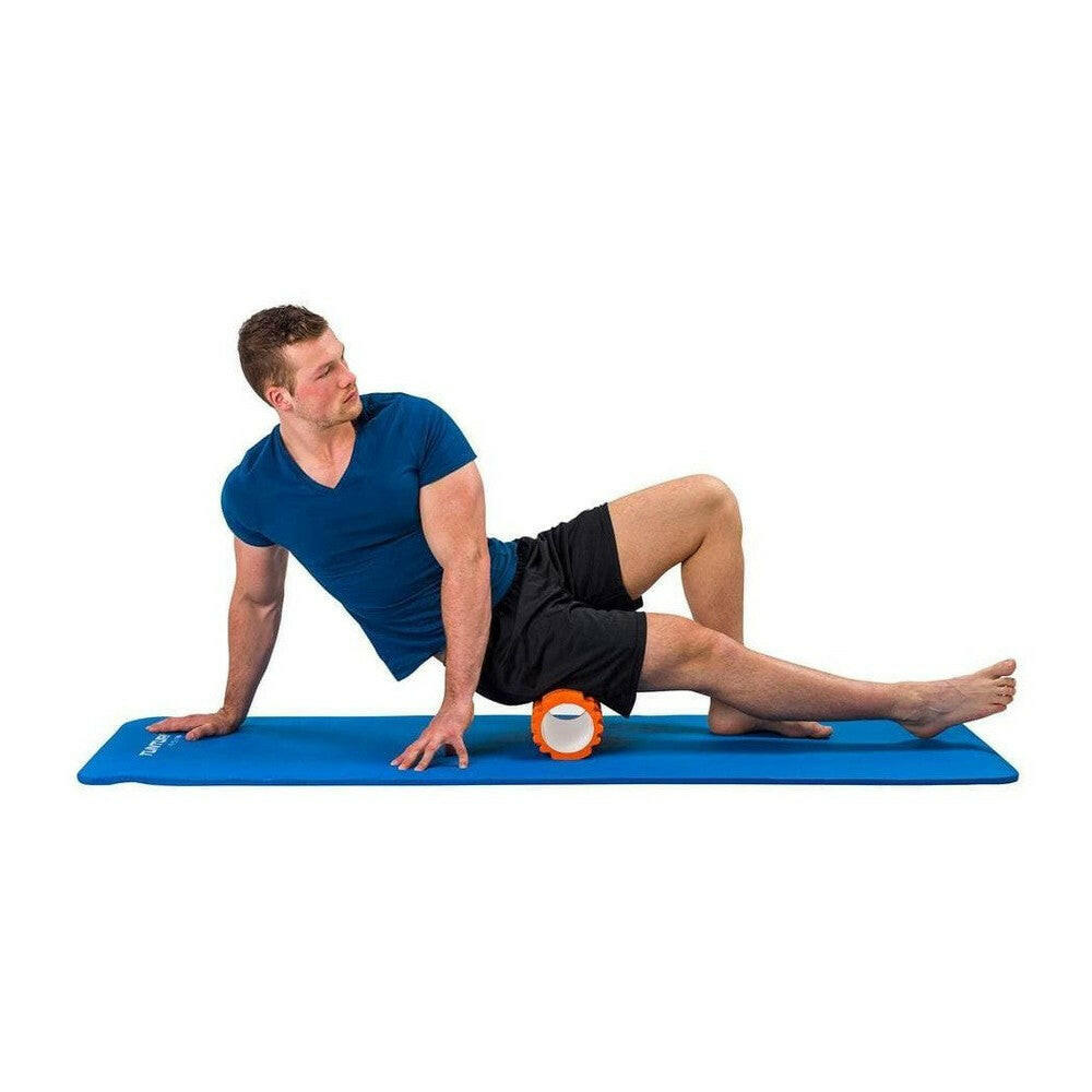 Helderblauwe Tunturi fitnessmat NBR met foamroller voor zijligging