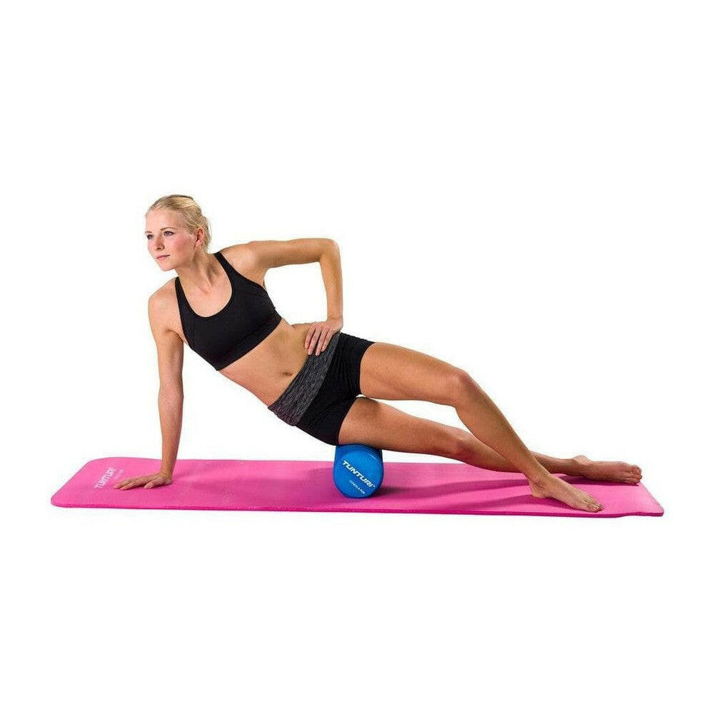 Roze Tunturi fitnessmat NBR met blauwe foamroller voor yoga oefening