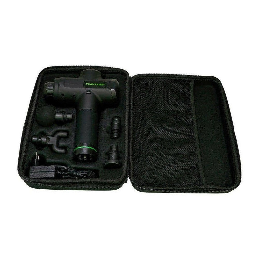Open Tunturi opbergkoffer met massagepistool en accessoires