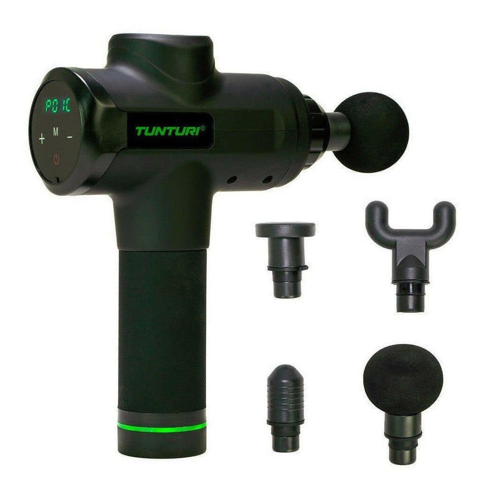 Tunturi massagepistool met 4 hoofden en bedieningsknoppen