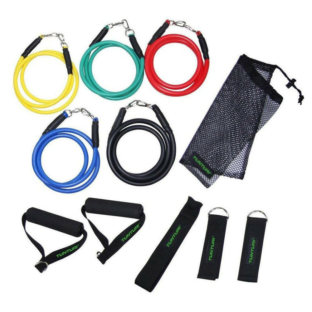 Tunturi multifunctionele weerstandstubing set met 5 kleuren banden, handvatten en draagtas