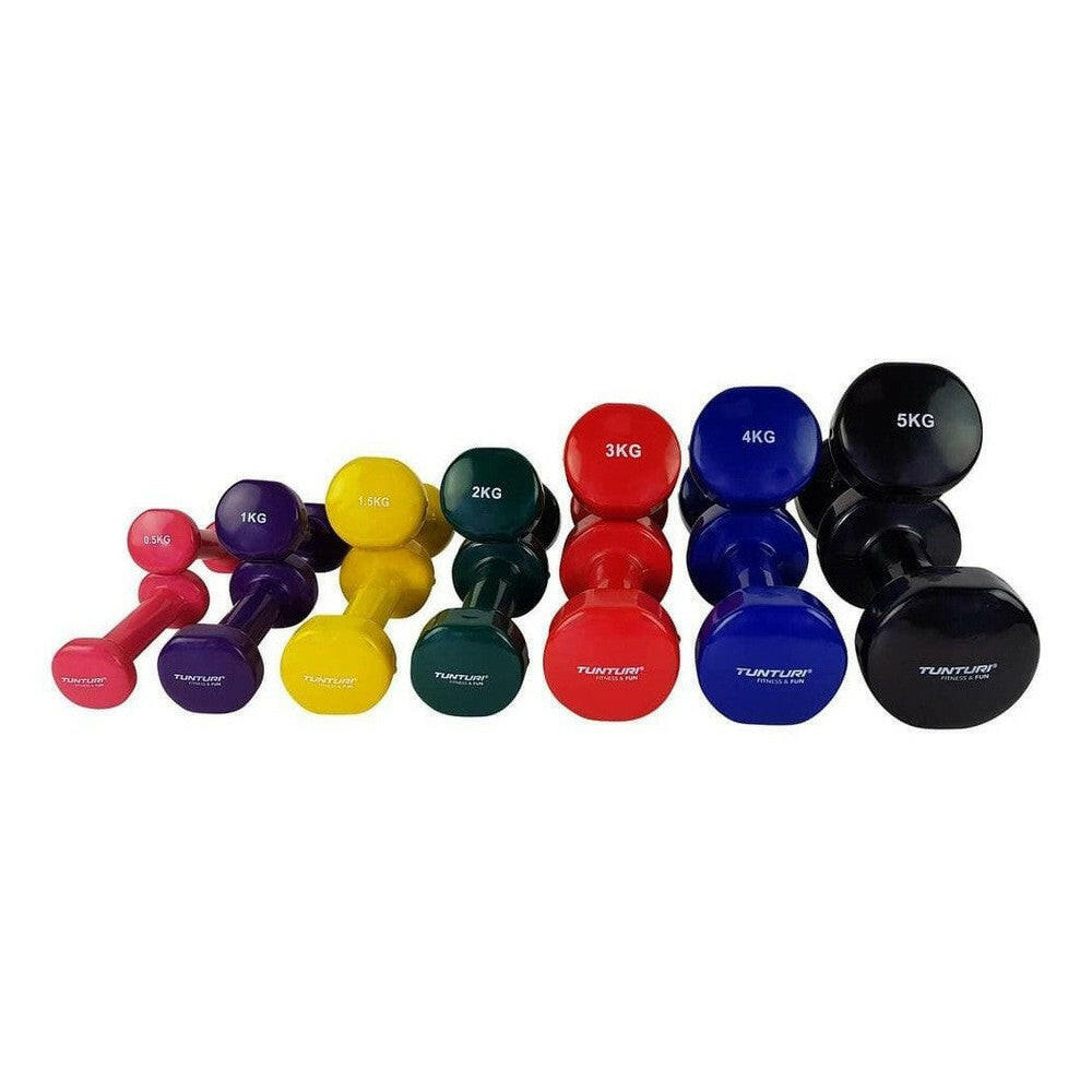 Complete reeks Tunturi vinyl dumbbells van 0,5 tot 5 kg kleuren