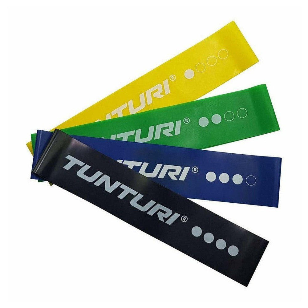 Tunturi weerstandsbanden set van 4 latex banden in geel, groen, blauw en zwart met verschillende weerstandsniveaus