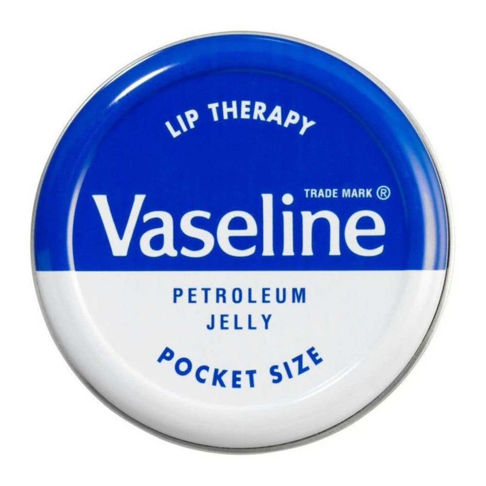 Vaseline Lip Therapy pocket size blikje dicht met tekst op blauw-wit deksel