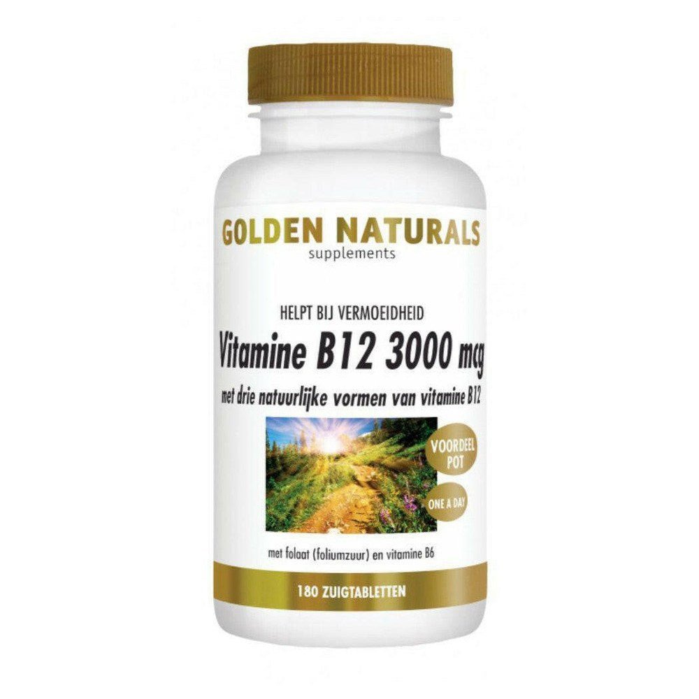 Golden Naturals Vitamine B12 3000 mcg zuigtabletten 180 stuks met foliumzuur en B6