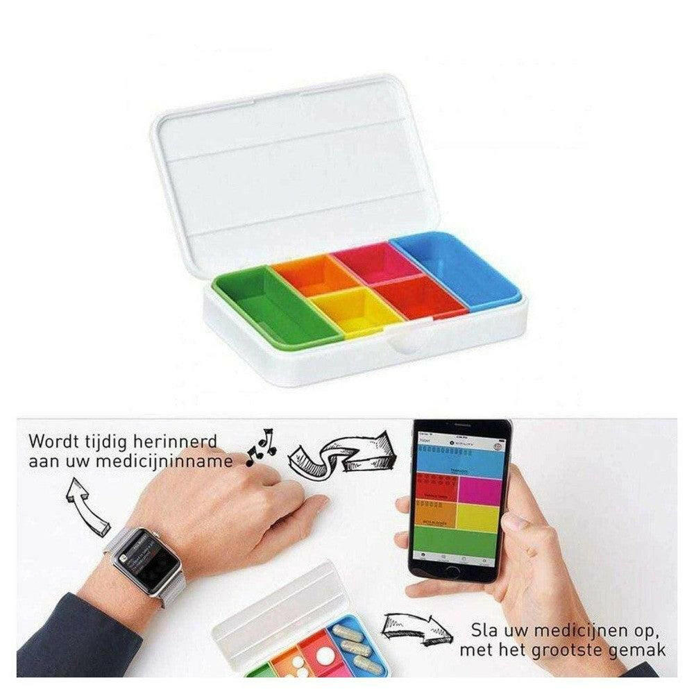 wit slim pillendoosje gekoppeld aan smartphone en slim horloge voor herinnering