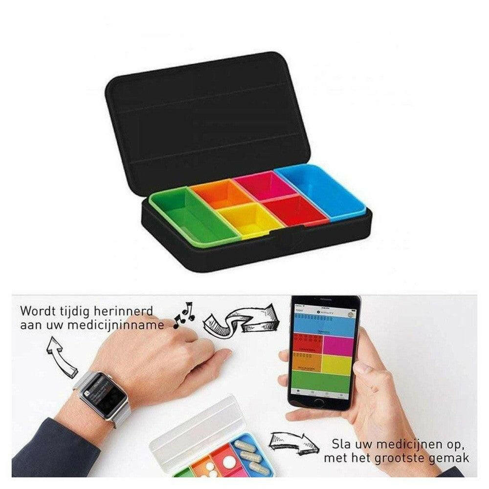 Zwart smart pillendoosje met app en smartwatch notificaties voor medicijninname