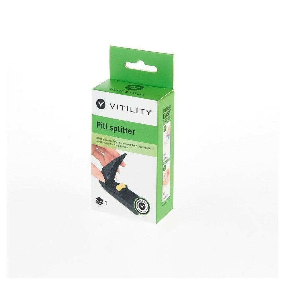 Vitility pillensplitser verpakking met instructies en compacte zwarte splitter