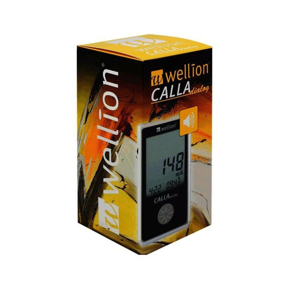 Verpakking van Wellion Calla Dialog glucosemeter met geluidssymbool voor spraakfunctie