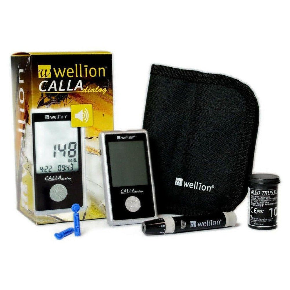 Complete set Wellion Calla Dialog glucosemeter met draagtas en accessoires