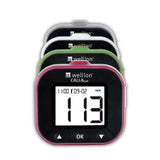Stapel van vier Wellion Calla Light meters in roze, groen, zwart en wit met LCD-scherm