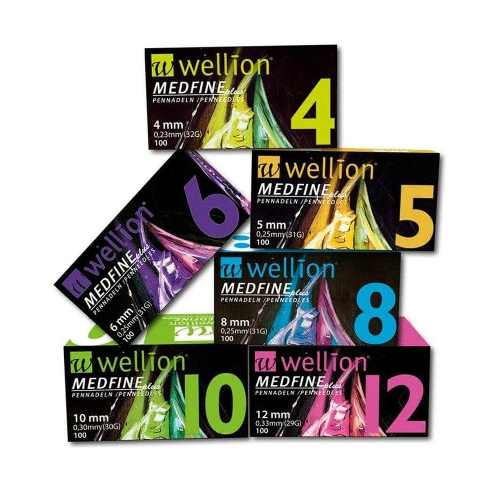 assortiment Wellion Medfine Plus insulinepennaalden verpakkingen diverse lengtes