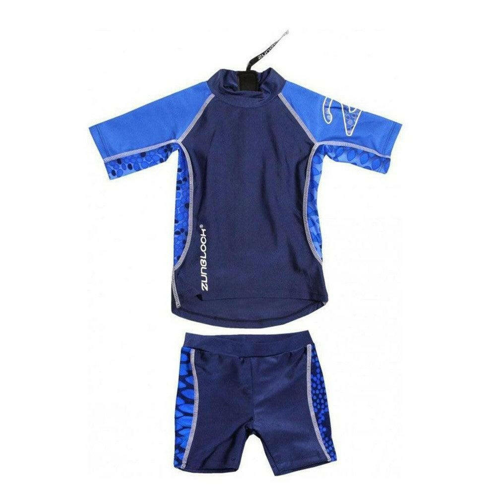 Zunblock UV-zwemkleding set blauw met cirkelpatroon, korte mouwen en broek voor kinderen
